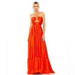 Mac Duggal Ruched Tiered Criss Cross Spaghetti Strap Gown